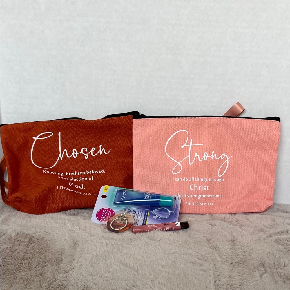 Inspirational Cosmetic Bags Set in Rust and Melon with extras